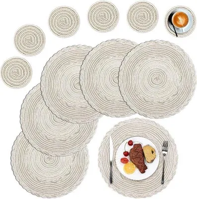 Produktbild von Famanu Runde Platzsets und Untersetzer Set von 6 - waschbare, hitzebeständige Tischmatten in Ivorweiß