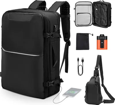 Produktbild von VEVOR Vakuum-Reiserucksack, 80 L, erweiterbarer Vakuum-Kompressions-Reiserucksack mit Pumpe, mit TSA-zugelassenem Schloss, USB-Ladeanschluss, wasserabweisendes Handgepäck, für Business, Schwarz