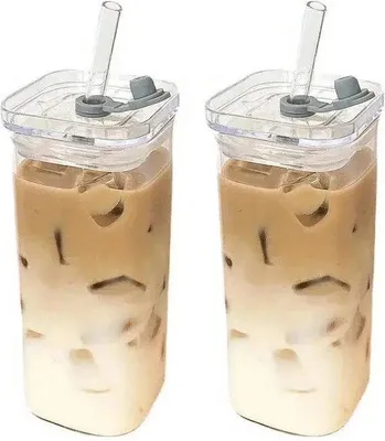 Image de Lot de 2 verres en verre de 400 ml avec couvercles et pailles - résistants à la chaleur - parfaits pour le café, le thé et les jus de fruits