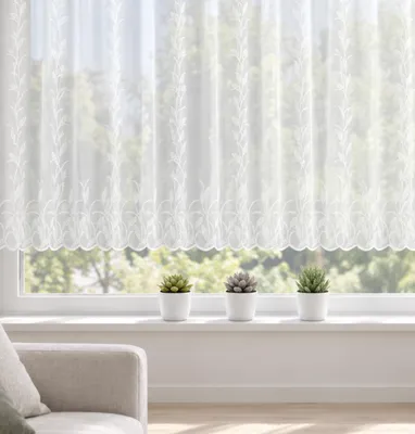 Produktbild von Jacquard Blumenfensterstore "Ranke" weiß mit Faltenband - Größe(HxB): 175x300cm