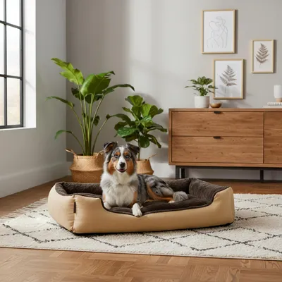 Produktbild von belviona Hundebett mit kuscheligem Wendekissen, pflegeleicht & rutschfest, gemütlicher Schlafplatz, 90x70 cm, beige/braun