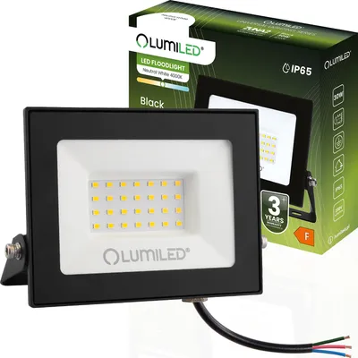A black LED floodlight is shown in front of its packaging.