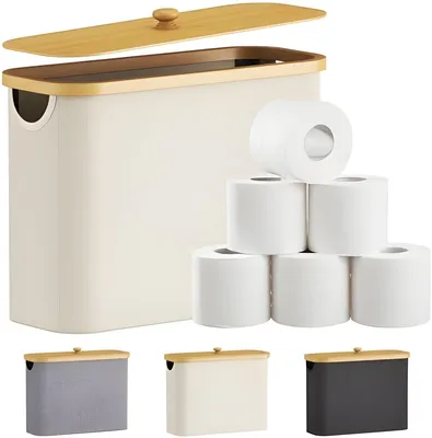Produktbild von PolkaHome® Toiletpapier-Aufbewahrungskorb mit Deckel, Bambus-Organizer für Badezimmer – Elfenbeinweiß – 23 L