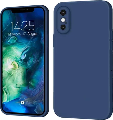 A smartphone with a blue case is shown from the front and back.