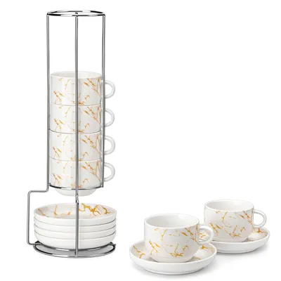 Obrázek produktu pro MALACASA 4dílná sada šálků, porcelánová sada šálků na kávu, hrnky s podšálky, kovový stojan, 270 ml, bílá
