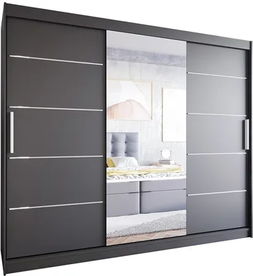 Produktbild von Easy4You LVI 250 cm Schwarz Schiebetüren Kleiderschrank 250x215x58 cm mit Spiegel - Schlafzimmermöbel, Aufbewahrung - Mehrzweckschrank