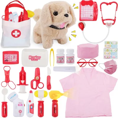 Produktbild von Arzttasche für Kinder 25-teilig, interaktiver Plüschhund, Stethoskop, Rollenspielzeug 3-8 Jahre
