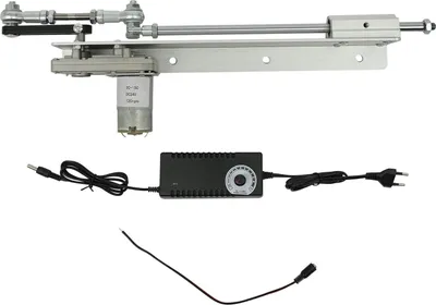 Obrázek produktu pro Mini teleskopický lineární pohon - závit M8 - DC24V - nastavitelný zdvih 3-15 cm - tah 1-10 kg - otočné rameno 125 mm - zástrčka EU/US - stříbrná barva