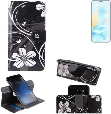 Produktbild von K-S-Trade Schutzhülle Handyhülle kompatibel mit Honor 200 Lite Hülle 360° Wallet Case “Flowers“ Klapphülle Hülle schwarz-weiß 1x