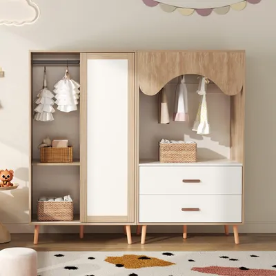 Produktbild von Merax Kinder-Kleiderschrank Doppel-Set, Kinderzimmer Offene Kindergarderobe, Kleiderschrank, mit Kleiderstange, Schiebetüren, 2 Schubladen, Weiß+Natur