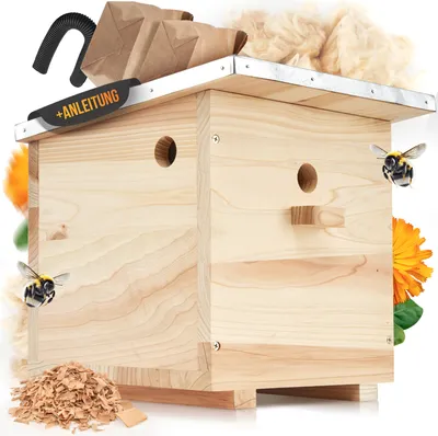 Produktbild von BEESI Hummelhaus groß inkl. Nistmaterial I Kapok, Nistkarton, Holzspäne I Hummelhotel Massivholz verschraubt I Hummelkasten mit Zubehör