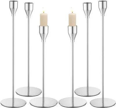 Productafbeelding van Zesarmige metalen kandelaar, 33/28/23 cm, met drievoudige kaarshouders, elegante kandelaar voor bruiloften, diners bij kaarslicht, feestjes, verjaardagen en als woonaccessoire (zilver)