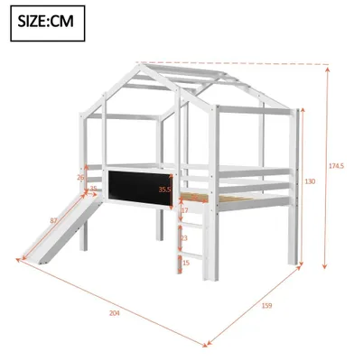 Productafbeelding van Kinderbed - 90 x 200 cm - massief hout - met glijbaan - ladder - krijtboord
