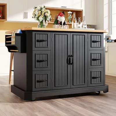 Image de Chariot de cuisine à roulettes avec 2 portes et 6 tiroirs, design moderne, idéal comme îlot pratique pour votre cuisine. Dimensions : 120 x 45 (75) x 91 cm, noir