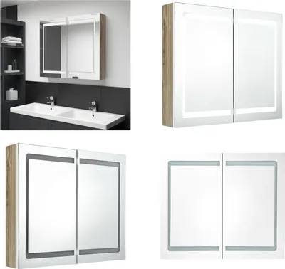 Immagine prodotto di vidaXL Armadio a specchio LED per bagno bianco e rovere 80x12x68 cm - Armadio da bagno - Armadi da bagno - Armadio a specchio - Armadi a specchio