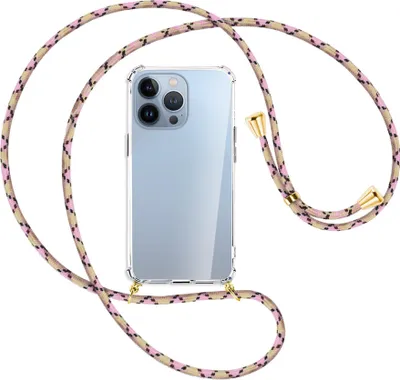 Produktbild von Handykette Backcover-Schutzhülle mit Band (Metall goldfarben) für Apple iPhone 13 Pro Max - rosa Karo