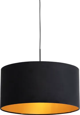 Produktbild von QAZQA - Klassisch I Antik Hängelampe I Pendellampe I Pendelleuchte mit Veloursschirm schwarz mit Gold I Messing 50 cm - Combi I Wohnzimmer I Schlafzimmer - Textil Zylinder I Länglich I Rund - LED geei