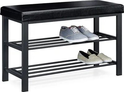 Image de Banc à chaussures Relaxdays, 6 à 8 paires de chaussures, étagère à chaussures avec assise, revêtement en similicuir, H x l x P : 49 x 81 x 31 cm, 2 étages, noir