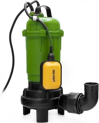 A green and black submersible pump with a yellow float switch.