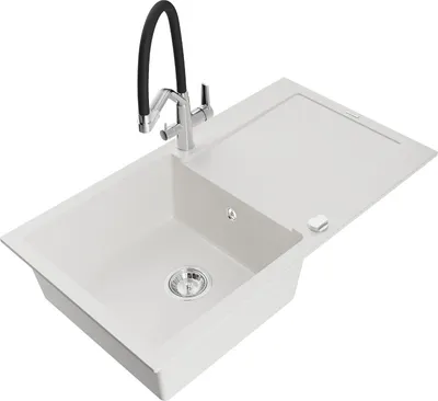 Produktbild von Mexen Leo 1 Becken-Granitspüle mit Abtropffläche und Mischbatterie Duo, Weiß - 6501-20-671701-07