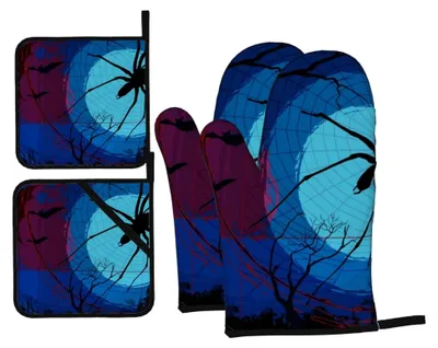 Produktbild von Halloween-Ofenhandschuhe und Topflappen, Set mit 4 rutschfesten Grillhandschuhen, hitzebeständig für Küche, Kochen, Backen, Grillen