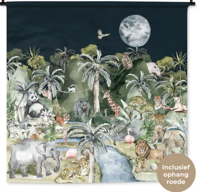 Produktbild von MuchoWow® Wandteppich Wandbehang Kinder - Dschungel - Natur - Tiere - Pflanzen 120x120 cm Tapisserie Dekoration Wandtuch - Modern - Baumwollgewebe