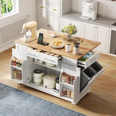 Produktbild von Moderne Kücheninsel 138cm, Klapparbeitsplatte, Rollen, EU-Steckdose, verstellbare Regale, Auszieh-Müllraum, weiß mit Holzoptik.