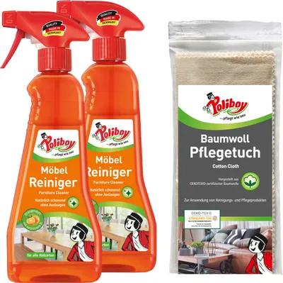 Produktbild von Poliboy 2er Möbel Intensiv Reiniger für alle Holzarten + Baumwolltuch - schnelle und einfache Reinigung und Pflege - 3437501