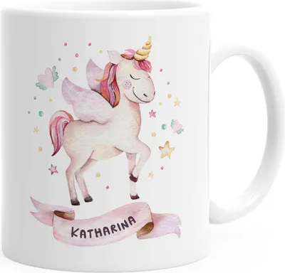 Produktbild von Kindertasse Kunststoff Einhorn Tasse personalisierte Namenstasse für Mädchen Einhorntasse SpecialMe® weiß Kunstoff-Tasse