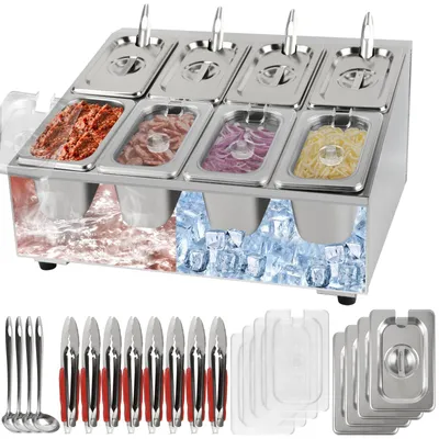 Produktbild von 8 Edelstahlbehälter für Zutaten, ein zweireihiges Gewürzregal aus Edelstahl, Deckel und Löffel, ein schräger Tischhalter, ein Buffet-Set für Soßen, Obst, Zutaten, Küche, Restaurant