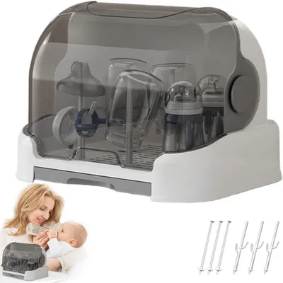 Produktbild von Aufbewahrungsbox für Babyflaschen, 31,5 × 25,5 × 25 cm, Flaschentrockner, Abtropfgestell mit Deckel und Abtropfschale, staubdichte Aufbewahrungsbox