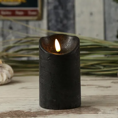 LED Stumpenkerze RUSTIC - Echtwachs - warmweisse 3D Flamme - H- 12-5cm - Batterie - Timer - schwarz