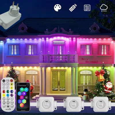 Produktbild von 30M Smart RGBIC Permanente Außenbeleuchtung mit Fernbedienung IP67 Wasserdichte Musiksyn Traufleuchten für Party Wandleuchte Garten Weihnachten Außen