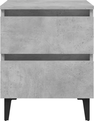 A concrete-effect bedside table with two drawers and black legs, shown against a white background.