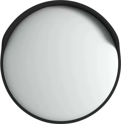 A close-up, top-down view of a convex mirror with a black rim.