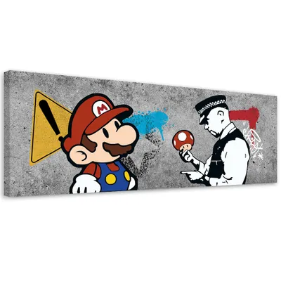 Immagine prodotto di Quadro su tela Banksy Mario and Policeman 90x30 Feeby Grigio quadro per la parete pronto per essere appeso