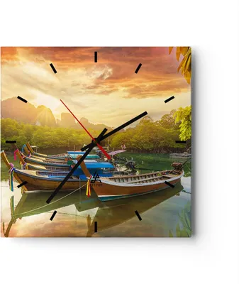 Produktbild von Wanduhr - Quadrat - Glasuhr - Berge Boot Wasser - 30x30cm - Schleichendes Uhrwerk - Lautlos - zum Aufhängen bereit - Dekoration Modern - Wanddekoration aus Glas - C3AC30x30-4003