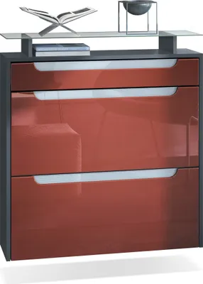 Produktbild von Vladon Schuhschrank Annie, Schuhkipper für 16 Paar Schuhe mit 2 Klappen, 1 Schublade und Glasablage, Anthrazit matt/ Bordeaux Hochglanz, Griffmulden in Weiß Hochglanz (89 x 96 x 23 cm)