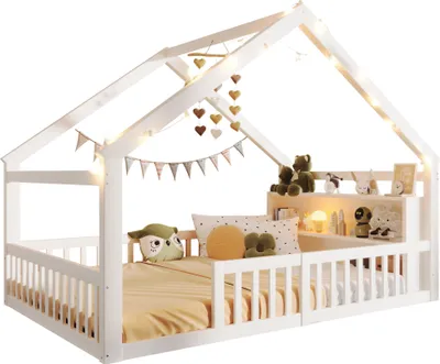 Produktbild von Hausbett mit Regal, Lattenrost und Rausfallschutz, 140x190 cm, Kinderbett, Jugendbett, Doppelbett, Kiefer