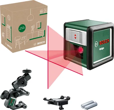 A product shot of a Bosch Quigo laser level, its packaging, and accessories, with red laser lines projected.