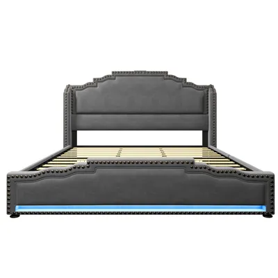 Produktbild von Flieks Polsterbett 180x200cm mit USB & Type-C, Stauraumbett Doppelbett mit 4 Schubladen & LED, Holzbett Jugendbett mit Lattenrost, Samt, Grau
