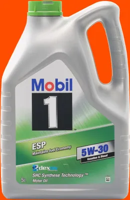 A plastic container of Mobil 1 ESP 5W-30 motor oil against an orange background.
