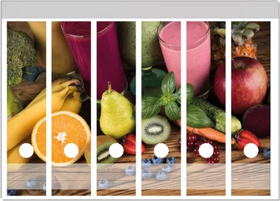 Produktbild von Wallario Ordnerrücken Sticker, selbstklebend für breite Ordner, 6 Stück, Motiv Bunte Smoothies mit Obst in der Küche