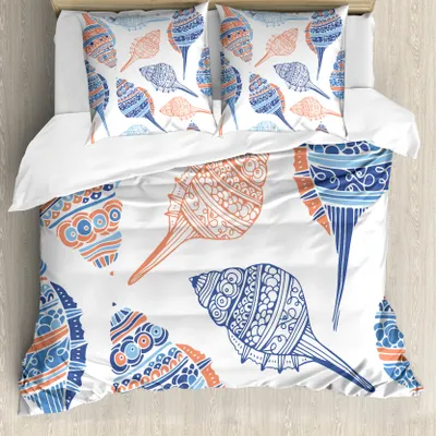 Produktbild von ABAKUHAUS Muschel Bettbezug, Maritime Sealife Meer, Milbensicher Allergiker geeignet mit Kissenbezügen, 155 cm x 220 cm - 80 x 80 cm, Blau Weiß blasse Orange