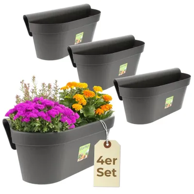 Produktbild von 4er Set Geländerkasten Balkon mit Wasserspeicher Blumentopf Zaun Blumenkasten Geländer Balkontopf Balkonkasten mit Halterung Balkon Pflanzkasten Anthrazit