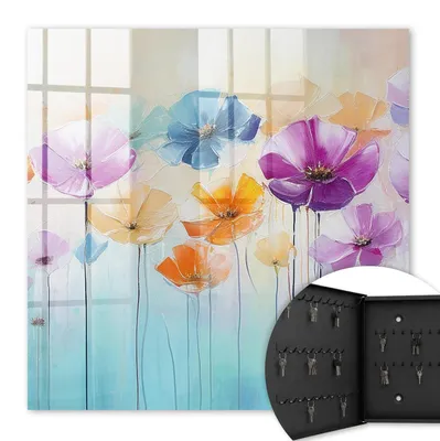 Produktbild von Metall Schlüsselkasten 30 x 30 cm - schwarzer Schlüsselschrank zur Wandmontage - wandhängende Schlüsselbox mit Tür - nach links öffnend - Schlüsselaufbewahrung für Flur - Büro - Arbeitszimmer - Werkstatt - Garage - Bunte Blumen