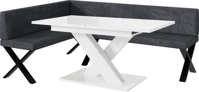 Produktbild von MEBLINI Eckbank für Esszimmer mit ausziehbarem Tisch  - Küchenbank - Essecke - Sitzecke Küche - TONI - X-Beine 142x196x87cm Links - Dunkelgrau Samt/B Weiß Hochgl.