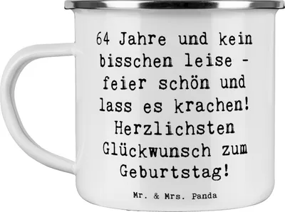 Produktbild von Mr. & Mrs. Panda Camping Emaille Tasse Spruch 64. Geburtstag - Weiß - Geschenk, Alter, Pott, unvergessliche Momente, feier schön, Haferl, becher, wandertasse, Teetasse