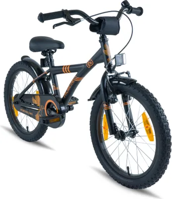 Produktbild von PROMETHEUS Kinderfahrrad 18 Zoll Jungen und Mädchen in Schwarz Matt & Orange mit Aluminium Seitenständer | Alu V-Brake und Rücktrittbremse | inkl. Sicherheitspaket | ab 6 Jahre | 18“ BMX Edition 2018