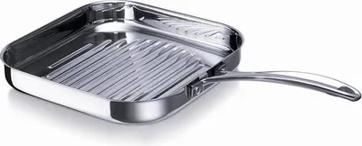 A stainless steel grill pan with a handle, shown from a slightly elevated side angle against a white background.